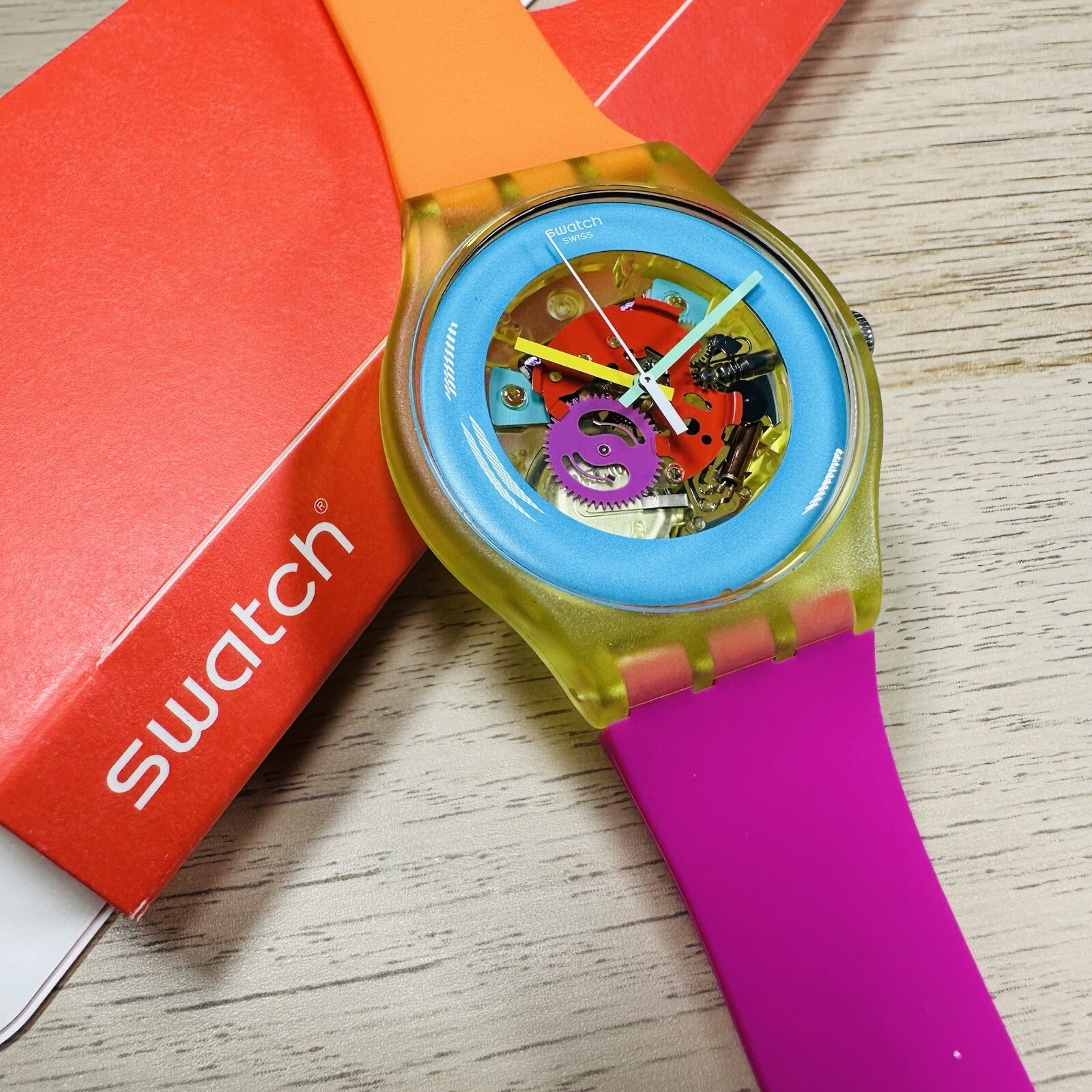 NEW✅ Swatch Color Palette SUOJ101 Skeleton 41mm Orange Pink Silicone Watch