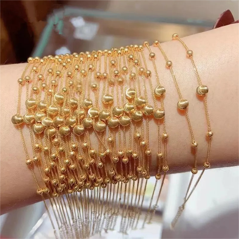 Pure Au750 18K Yellow Gold Chain Lucky Laser Beads Wheat Link Bracelet 6.1-7.2in