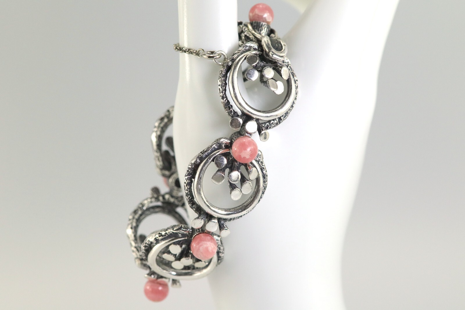 Floral Sterling Silver (925) Link Bracelet, with Rhodochrosite, Floral, L: 19cm