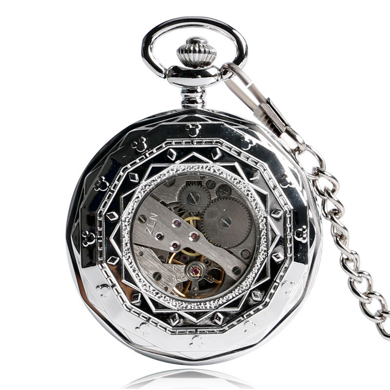 Silver Hand Winding Pocket Watch with Chain Open Face Railway Engine Mechanical
