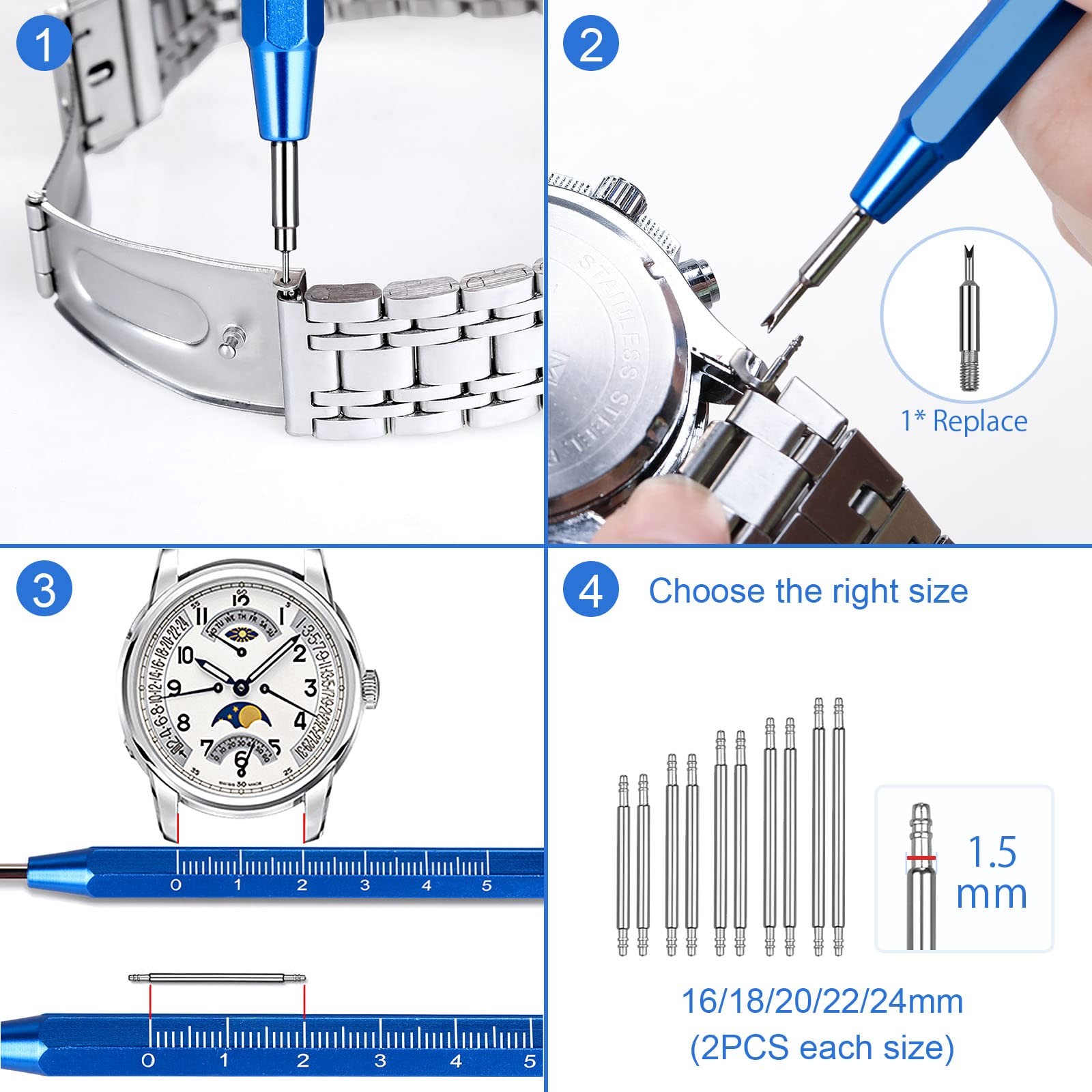 Watch Link Removal Kit, Band Sizing Tool for Watch Strap Adjustment Repair