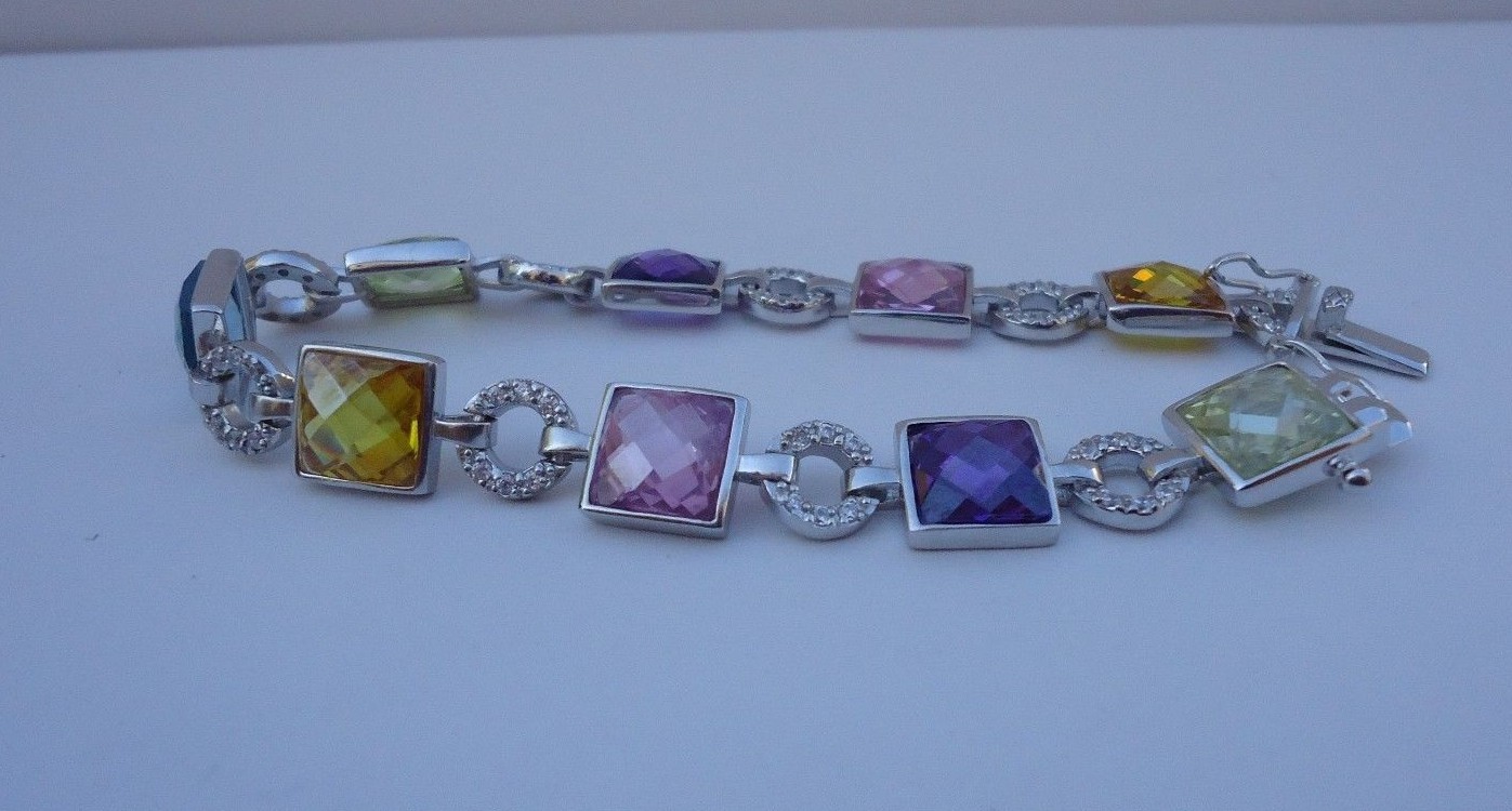 STERLING SILVER BRACELET 28ct MULTI-COLOR GEMSTONES/ LAB CREATED DIAMOND/ 7.5”