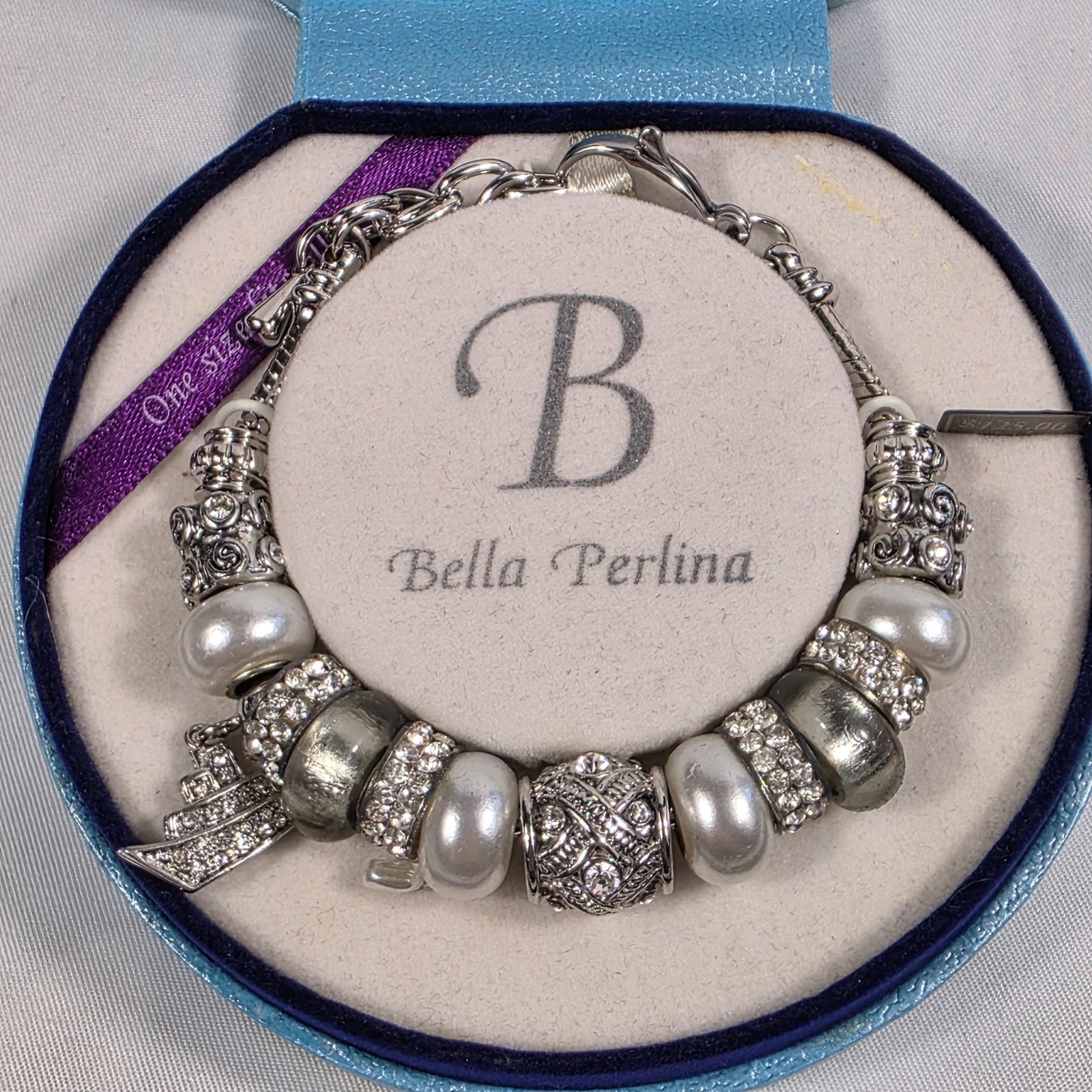 Bella Perlina Silver-Tone Charm Bracelet White Pearl Beads Crystal Accents NEW