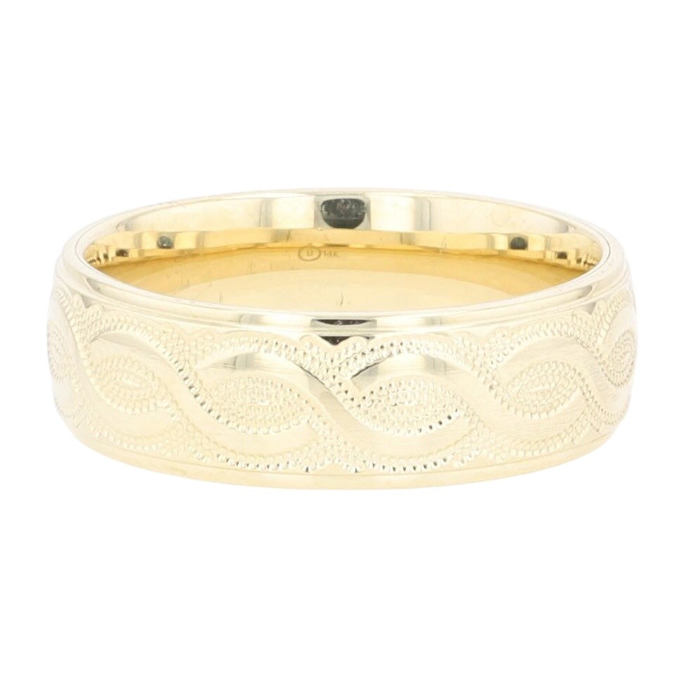 6.9mm Textured Scroll Pattern Wedding Band 14k Yellow Gold 3.98 Grams Size 9