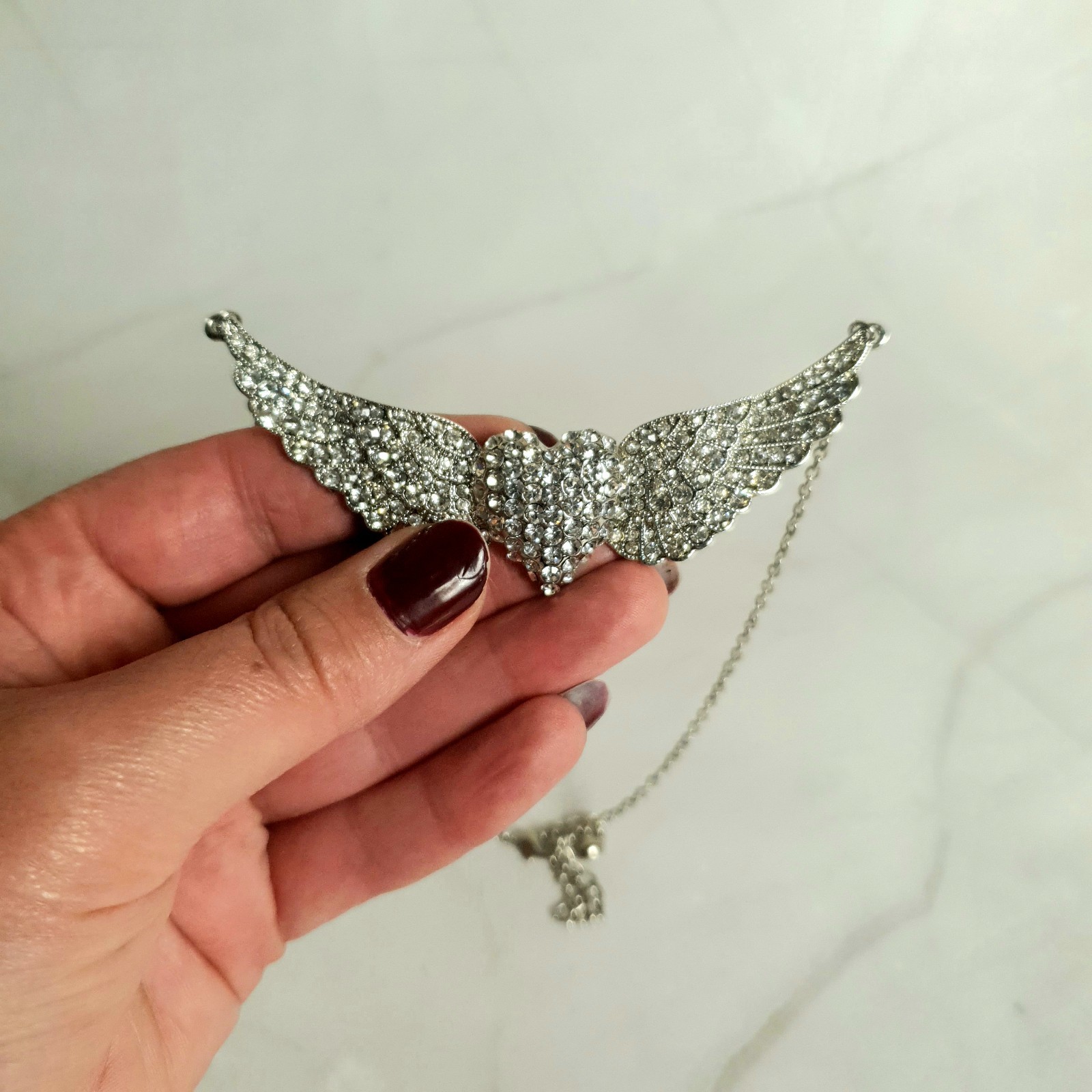 Mikey Crystal Angel Wings Heart Necklace Silver Tone Statement New Unworn Gift
