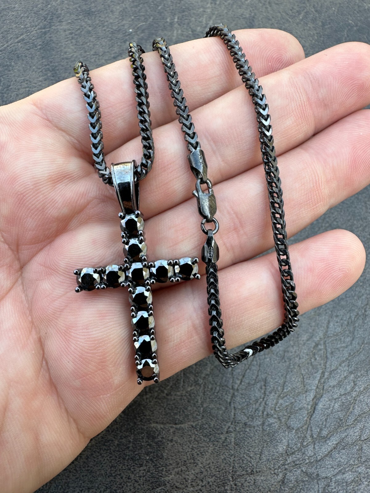 Black MOISSANITE Real Oxidized Rhodium 925 Silver Cross Iced Pendant Necklace