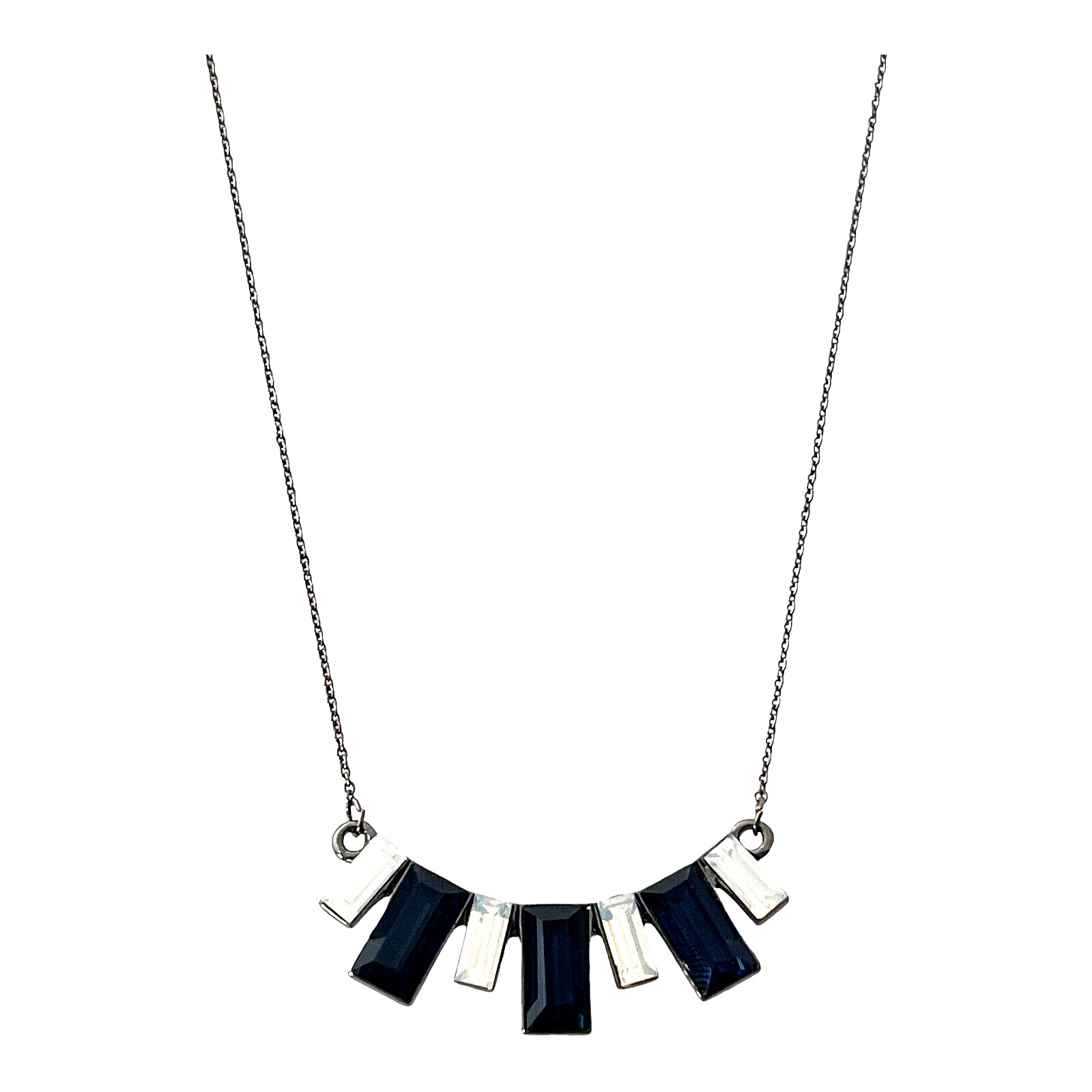 Necklace CZ Indigo Clear Opal Emerald Cut Curved Pendant Gunmetal Chain 16.5″