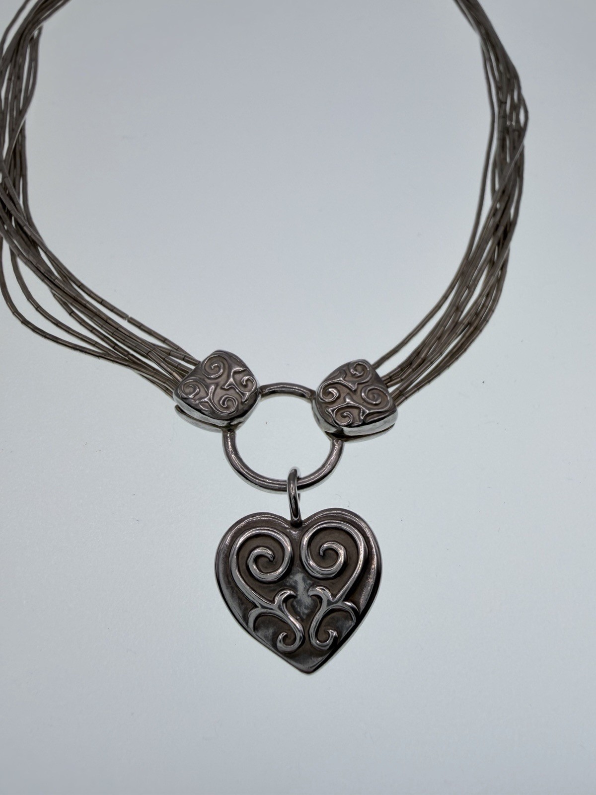 Signed S 925 Sterling Silver 8 Strand Liquid Silver Heart Necklace 17in+3in