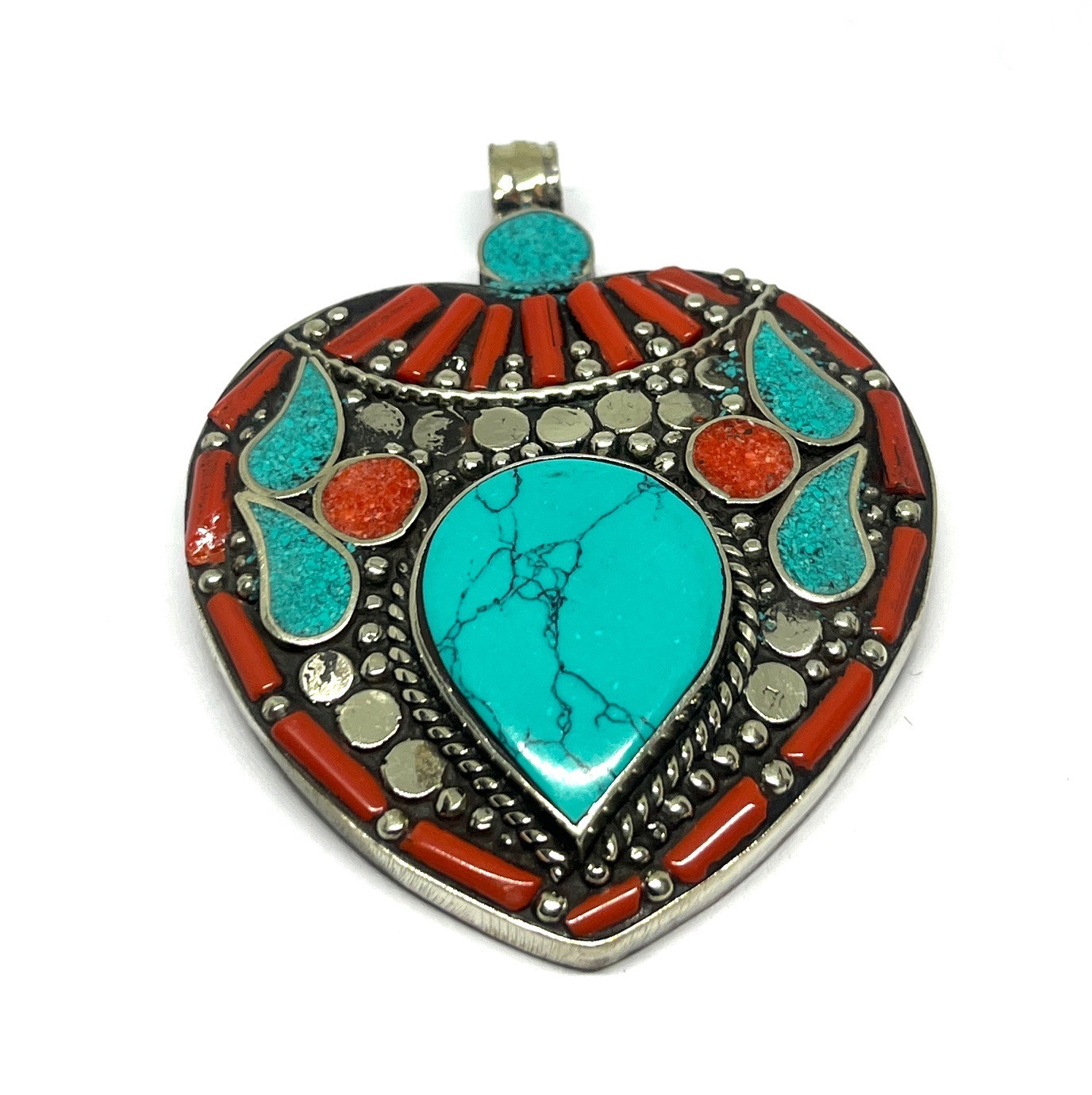 Ethnic Red Coral Turquoise Gemstone Tibetan Style Pendant Jewelry, 2.9 inch