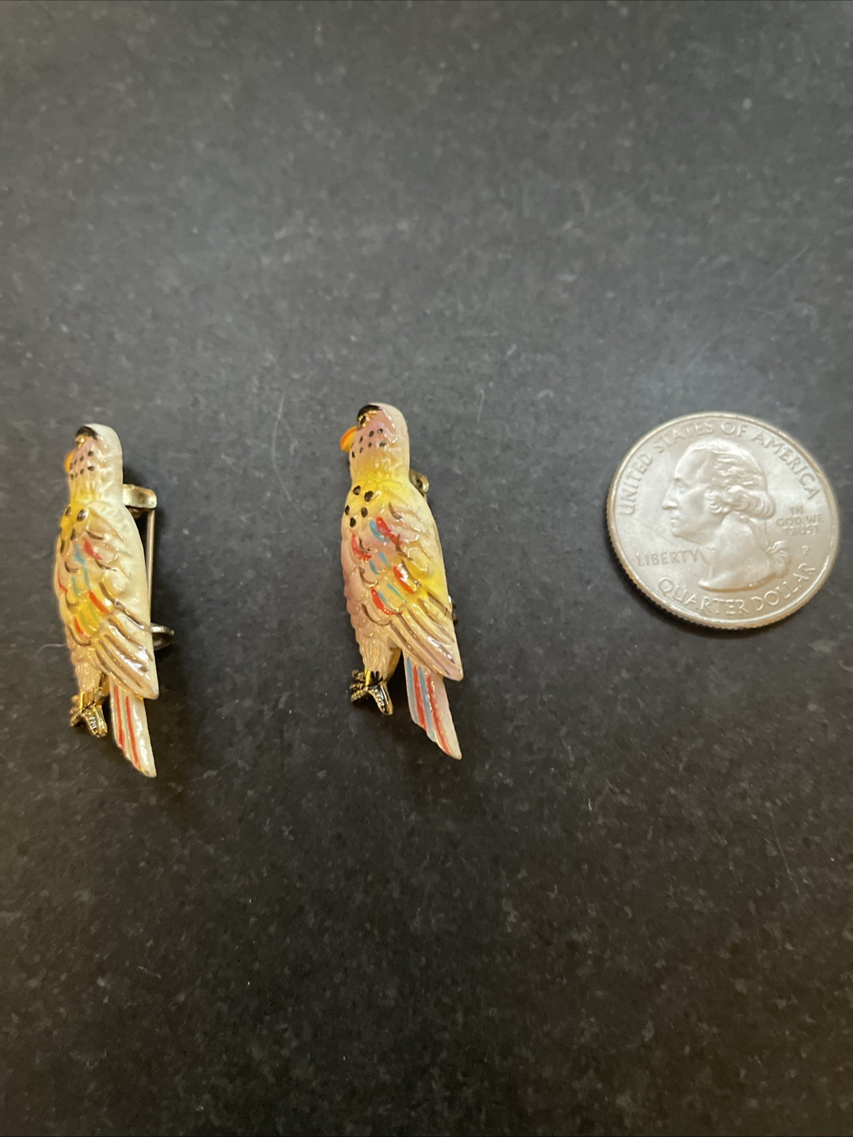 Pair Of Vintage Metal And Enamel Korean Bird Pins/brooches