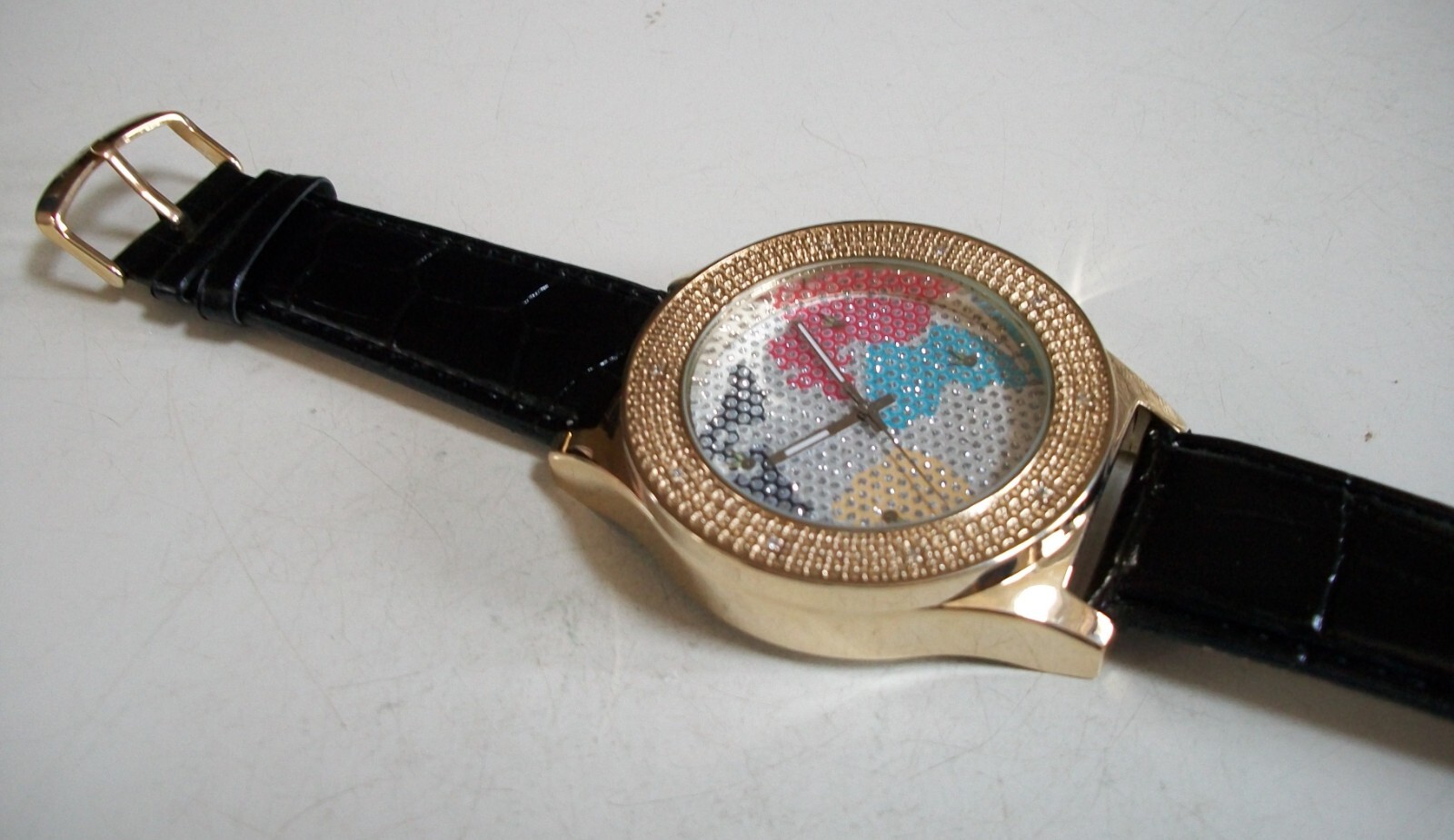 Men’s World Map Casual Gold Finish Black Leather Band Fashion Hip Hop Watch