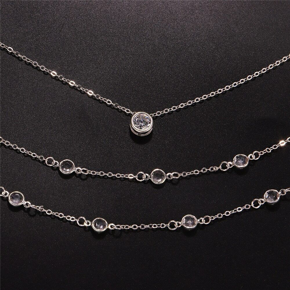 Crystal Silver Necklace Long Lariat Choker 2 Layer Y Drop Chain Stations Sparkle