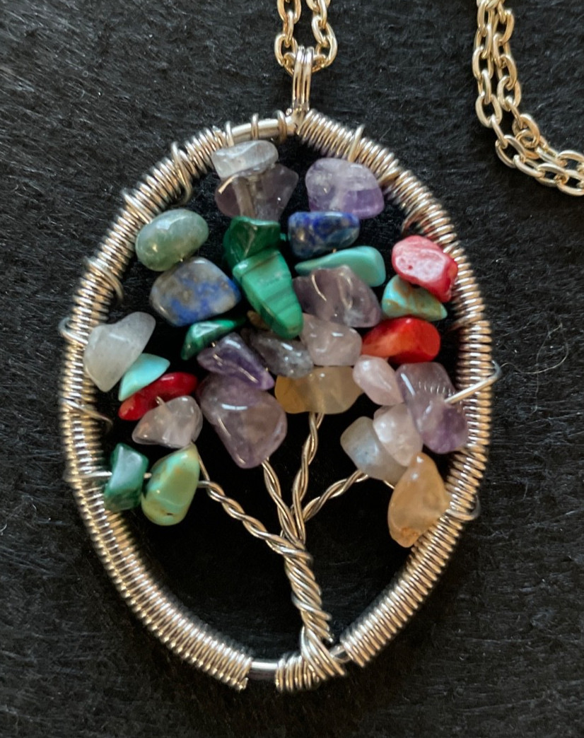 Handmade Tree of Life Gemstone Chips Wire Wrapped Pendant Necklace