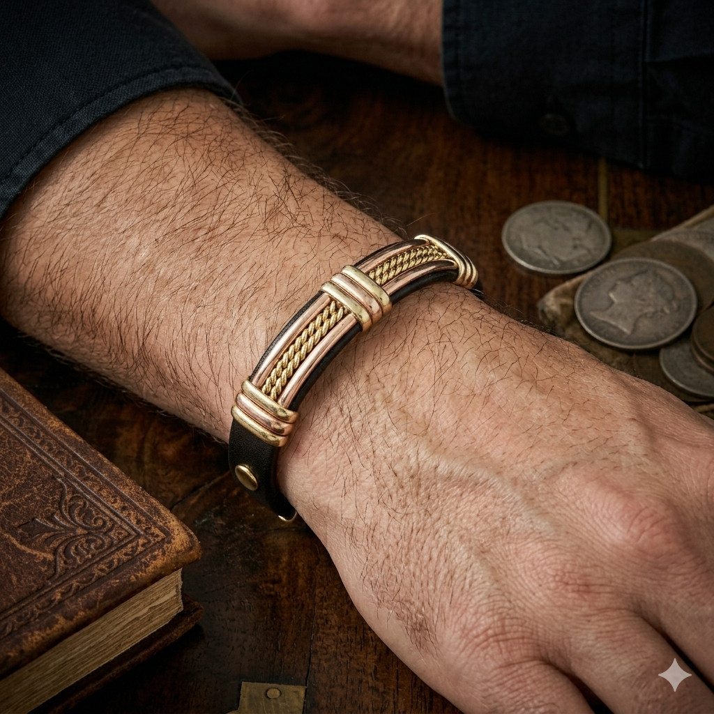 Solid Copper Leather Wrapped Magnetic Bracelet Arthritis Pain Therapy Cuff II