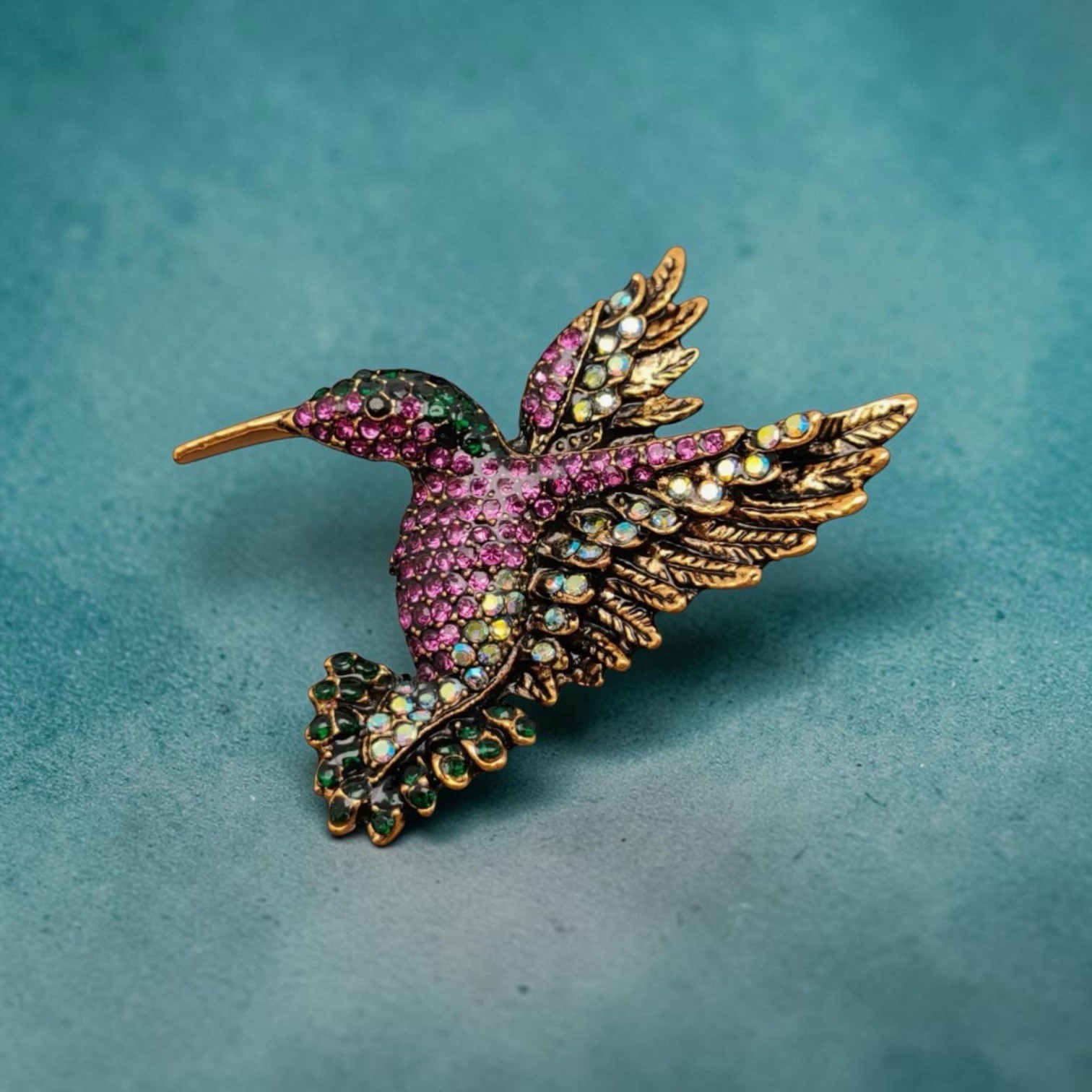Hummingbird | Rhinestone Brooch | Gold Tone Metal |Purple, Green, AB Crystals