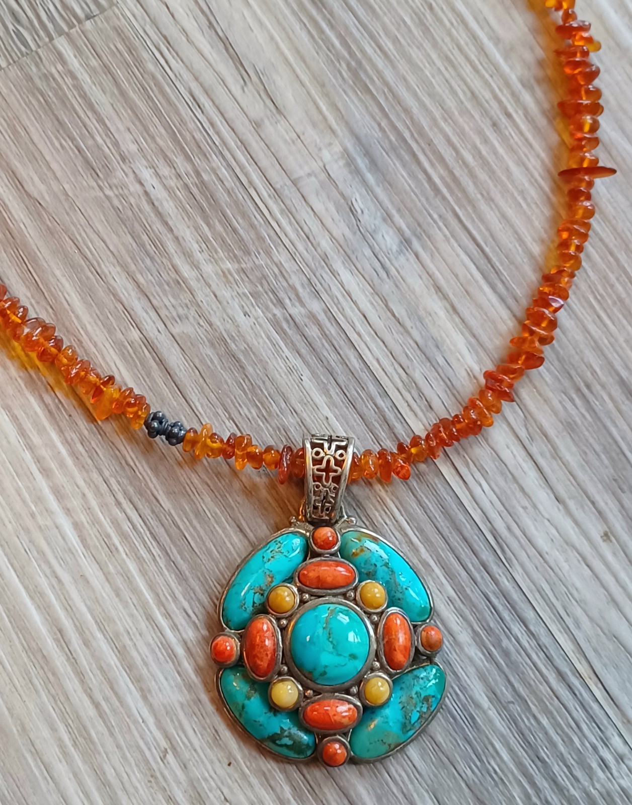 Vtg Barse Sterling Silver Turquoise Pendant Amber Bead Necklace
