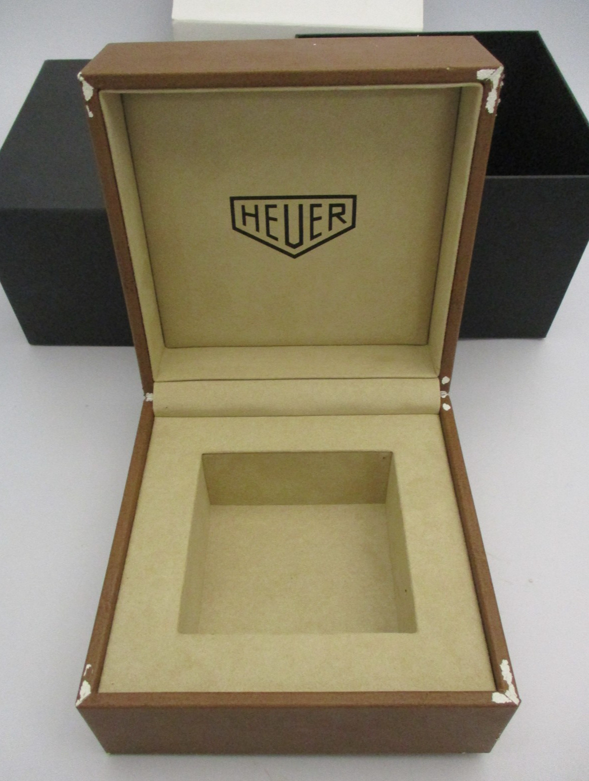 HEUER Brown Watch Chest Box Pillow Set, Black Outer Cartons & White Outer Sleeve
