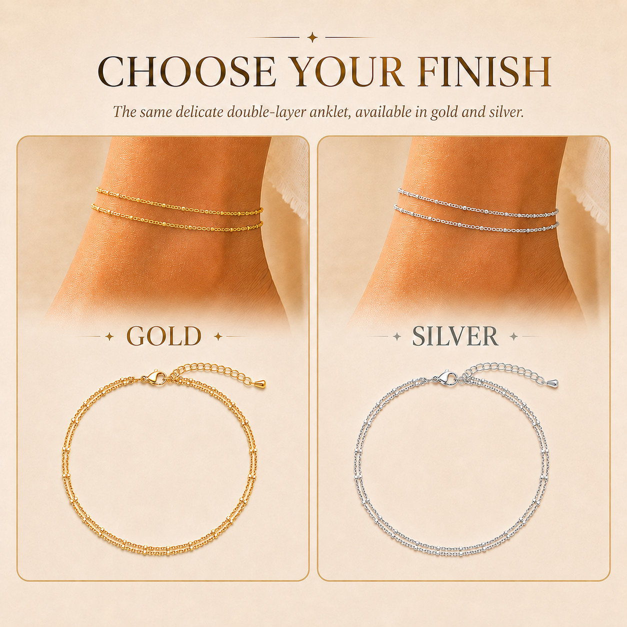 Uxvwez Gold Silver Anklet for Women Dainty Double Layer Chain Adjustable Ankle
