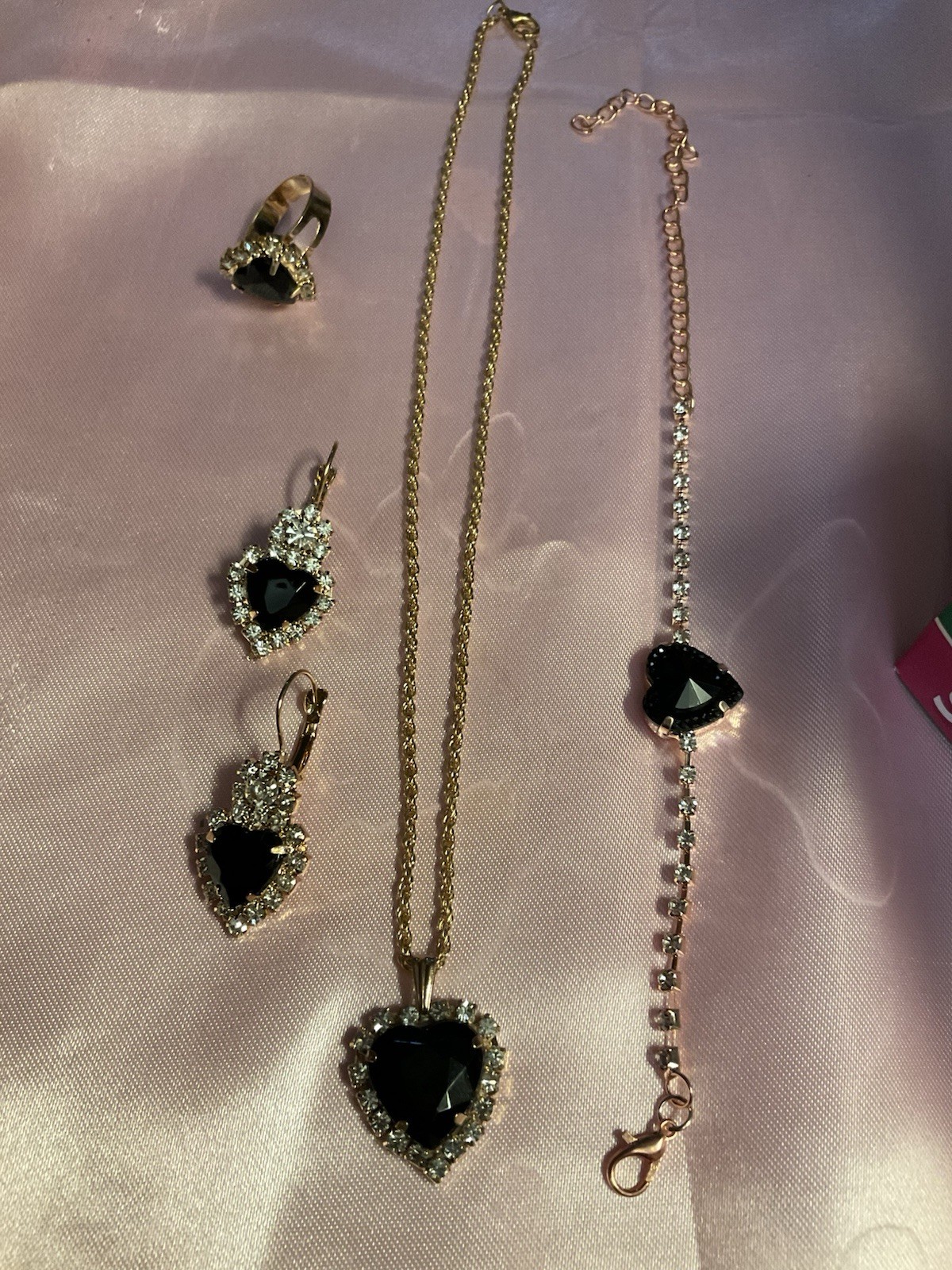 Gold Tone Black Heart Crystal Love Jewelry Set Necklace Earrings Bracelet Ring