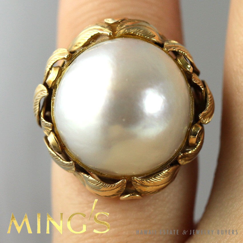 Ming’s Hawaii Mabe Pearl 16.6mm 14K Yellow Gold Ring Size 4-5