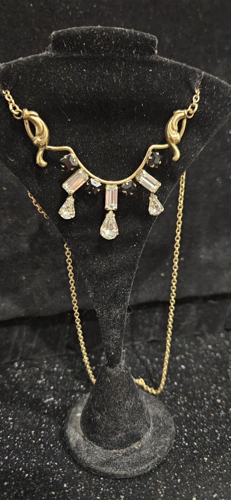 Signed AMCO Gold filled Cable Chain Necklace Rhinestone Baguette Drop Charm