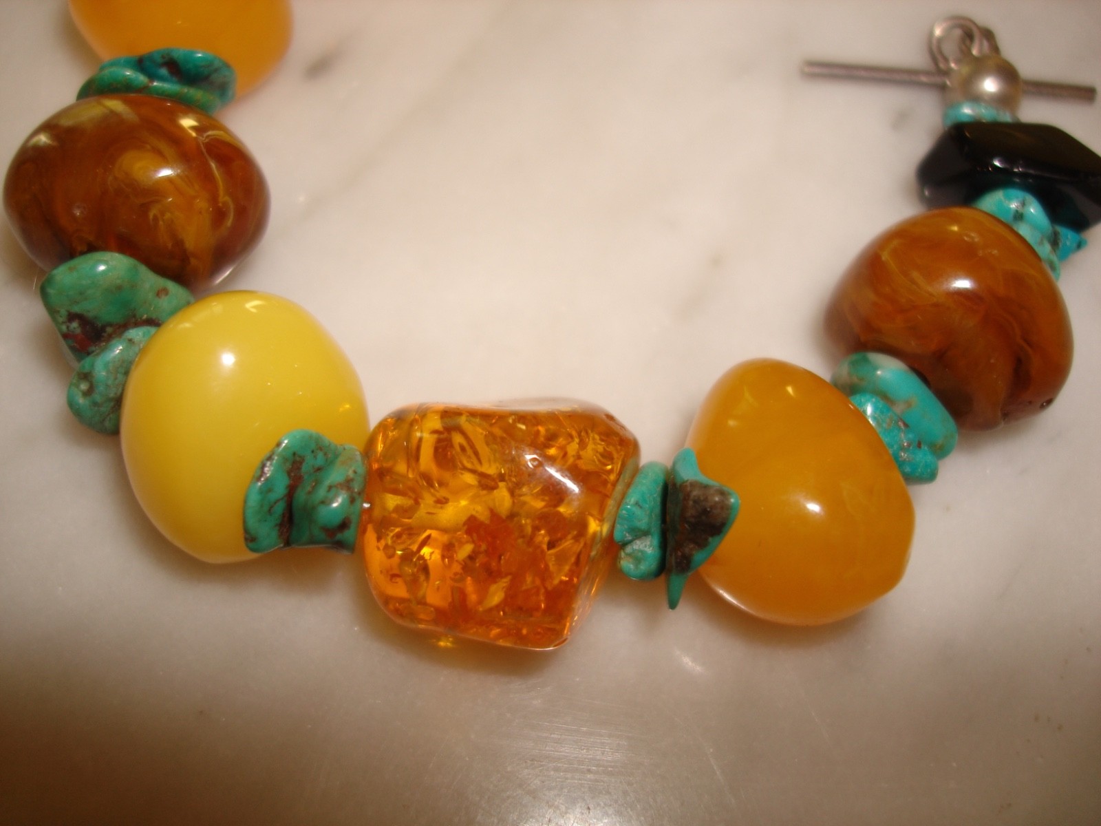 Vintage Navajo Baltic Butterscotch Amber Turquoise Nugget Bracelet