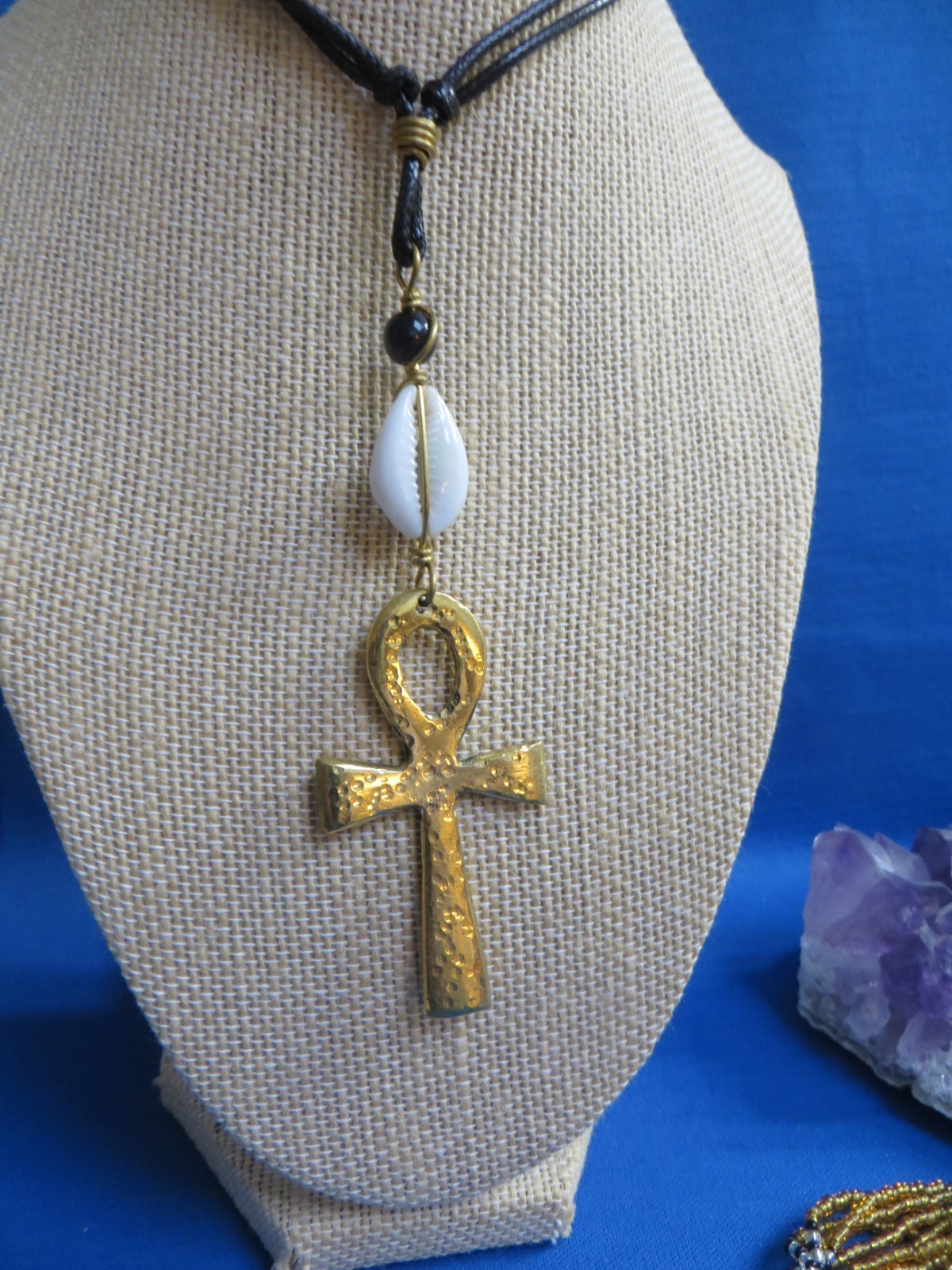 KENYA African Ethnic Jewelry EGYPTIAN ANKH CROSS BRASS/ COWRIE PENDANT NECKLACE