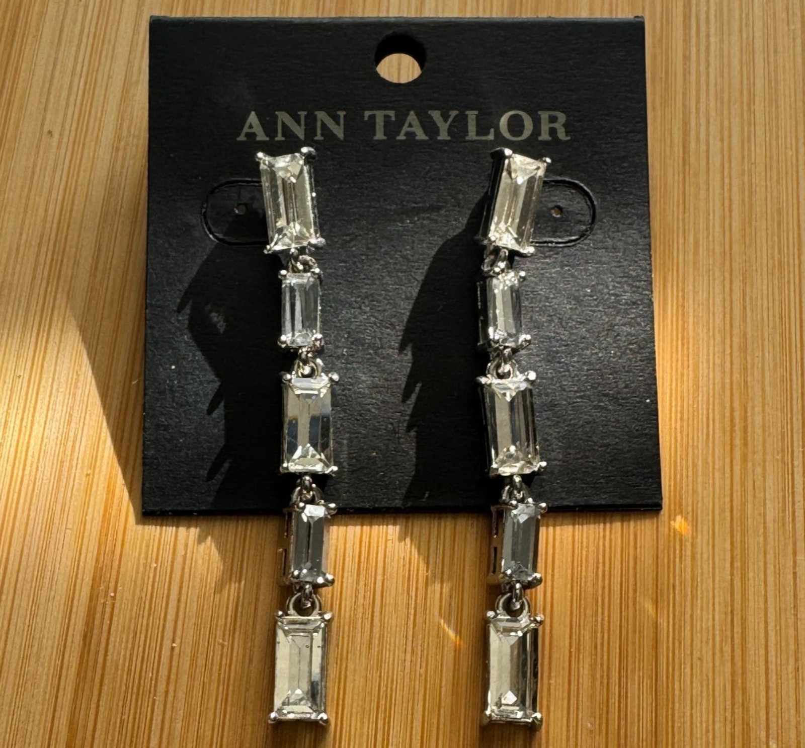 Ann Taylor Baguette Rhinestone Dangle Drop Silver Tone Crystal Earrings NWT