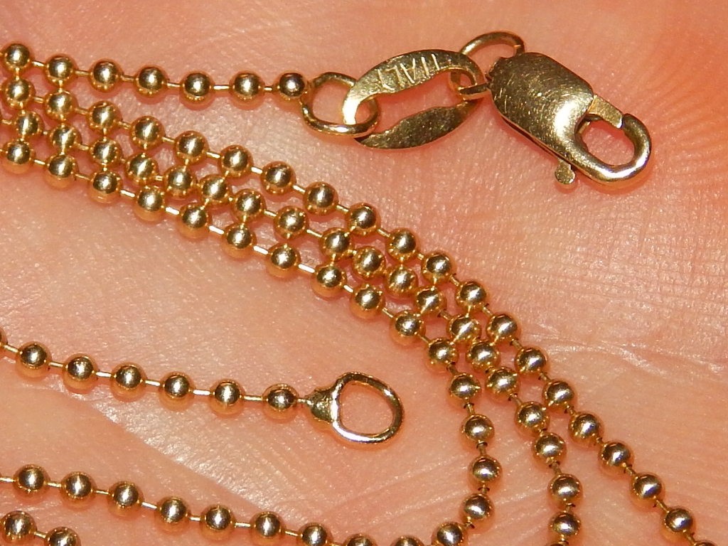 14K YELLOW GOLD ITALIAN 1.25 MM BEAD BALL LINK NECKLACE 16.5 INCH LONG