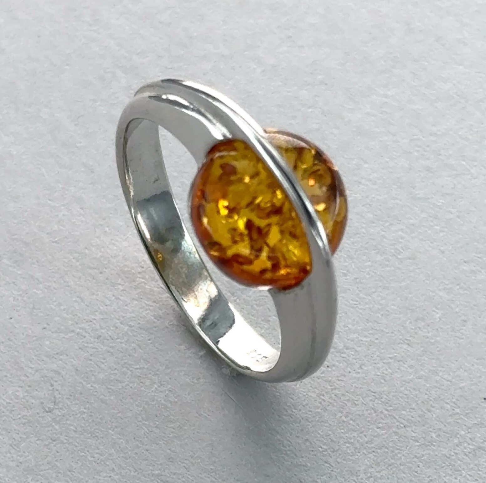Cognac / Brown Round BALTIC AMBER Space Ring 925 STERLING SILVER Poland #22e