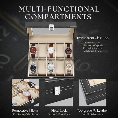 Watch Box Organizer for Men and Women – 10 Slot Watch Storage Box with Top