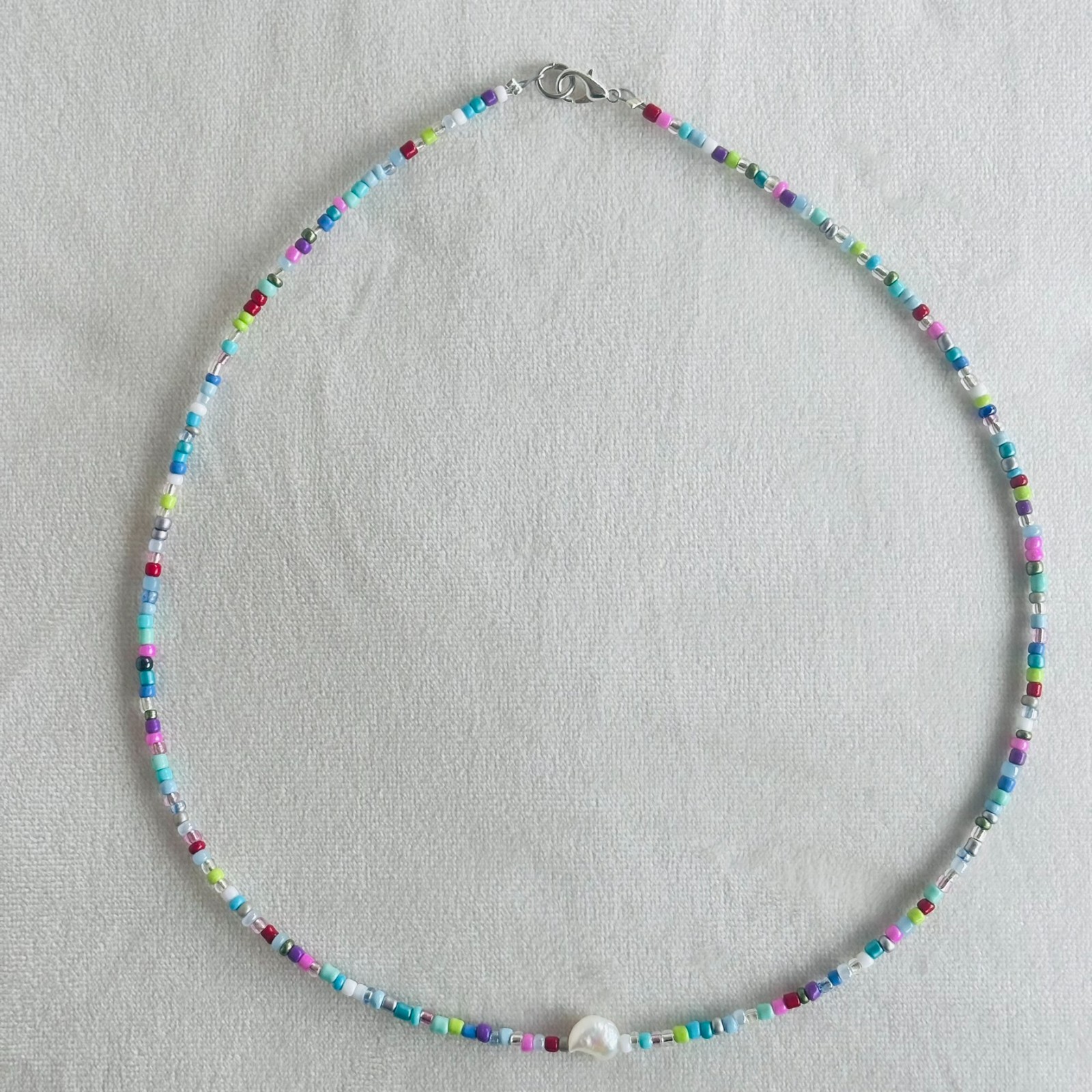 Handmade Colourful Seed Bead Necklace with Freshwater Pearl Boho Choker 16-17″