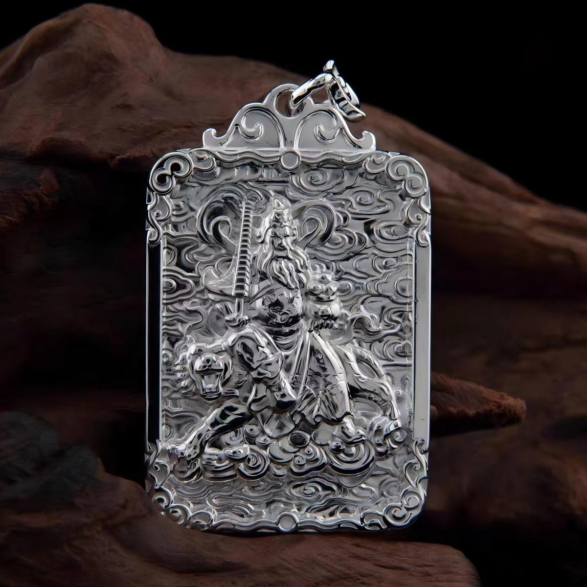 Pure 999 Fine Silver Men Women God Of Wealth Oblong Pendant 34-35g