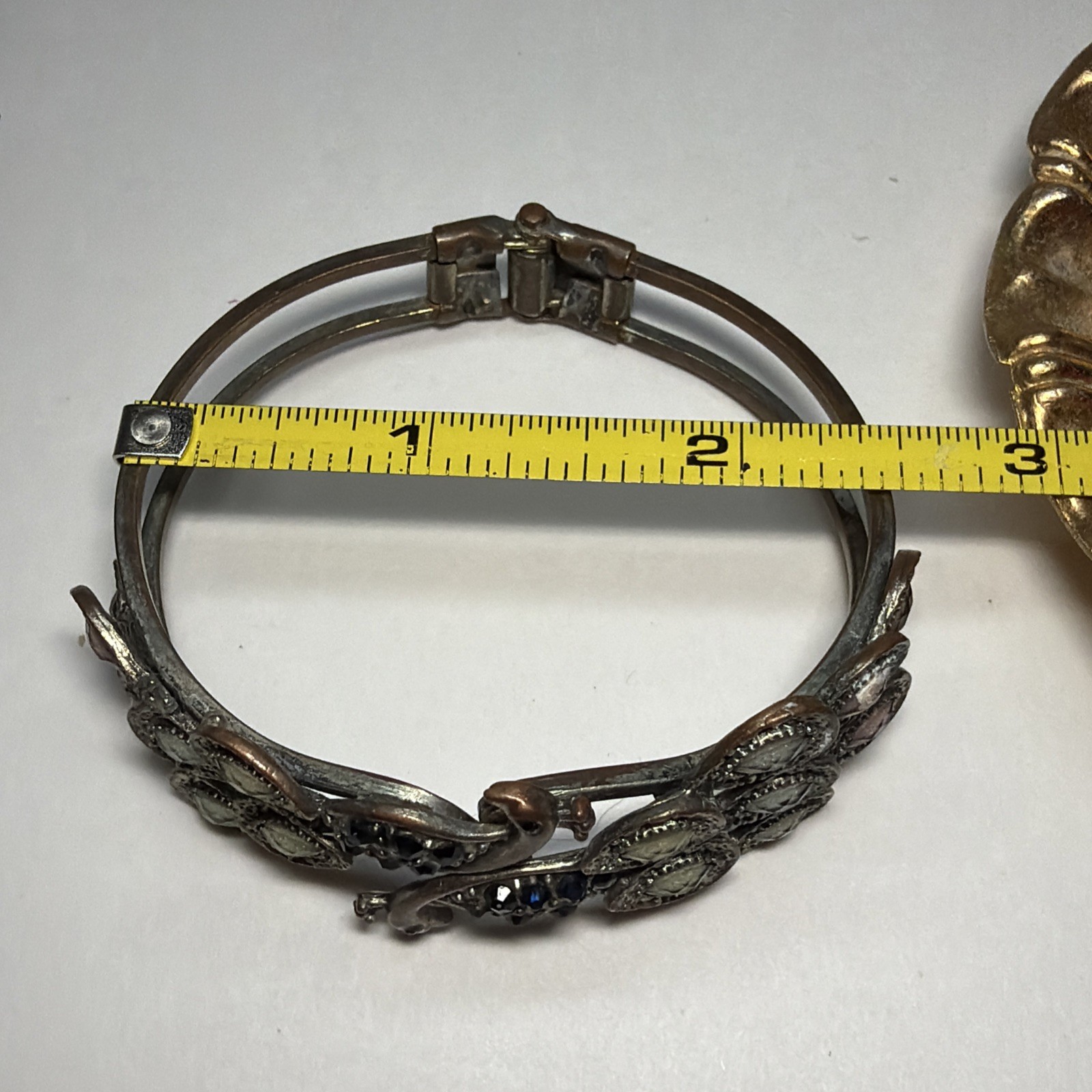 Vintage Peacock Motif Hinged/Cuff Bracelet with Faceted Stones Copper/Silver Mix