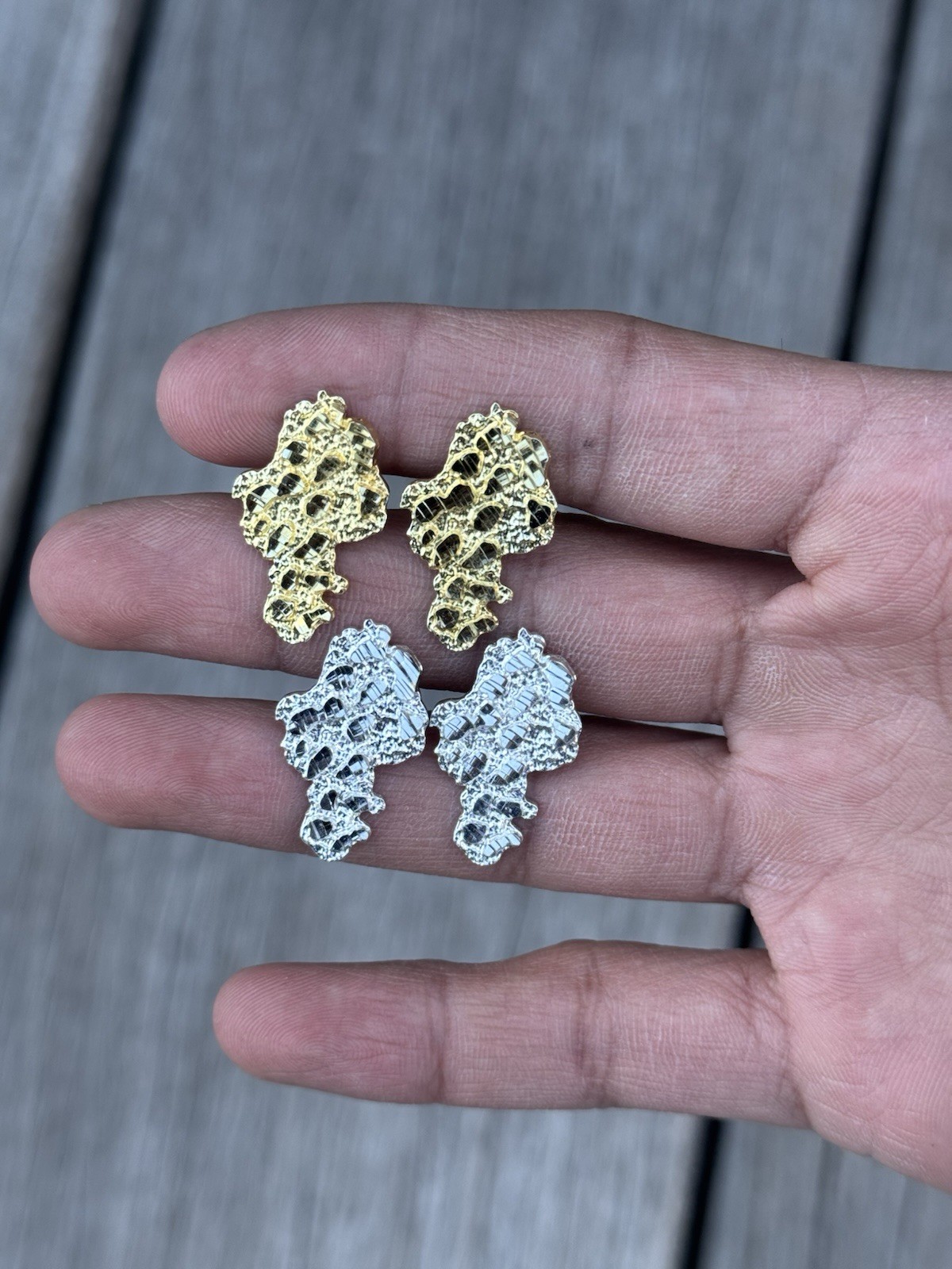 Real Solid 925 Sterling Silver 14k Finish Men Ladies Gold Nugget Earrings Studs