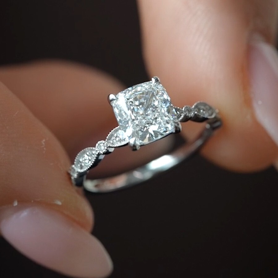 2.09 TCW Cushion Cut Moissanite Milgrain Engagement Ring 14k White Gold Plated