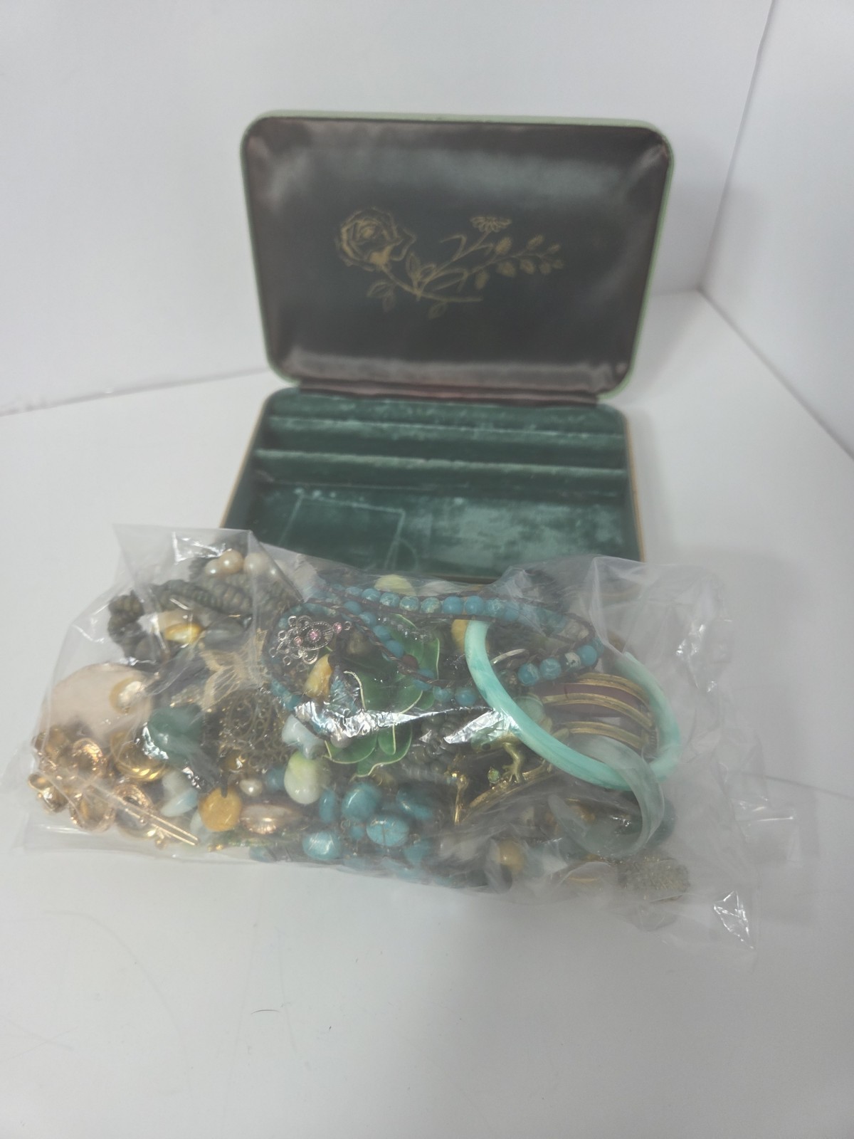 estate lot of vtg current green gold tone jewelry in farrington box wearable