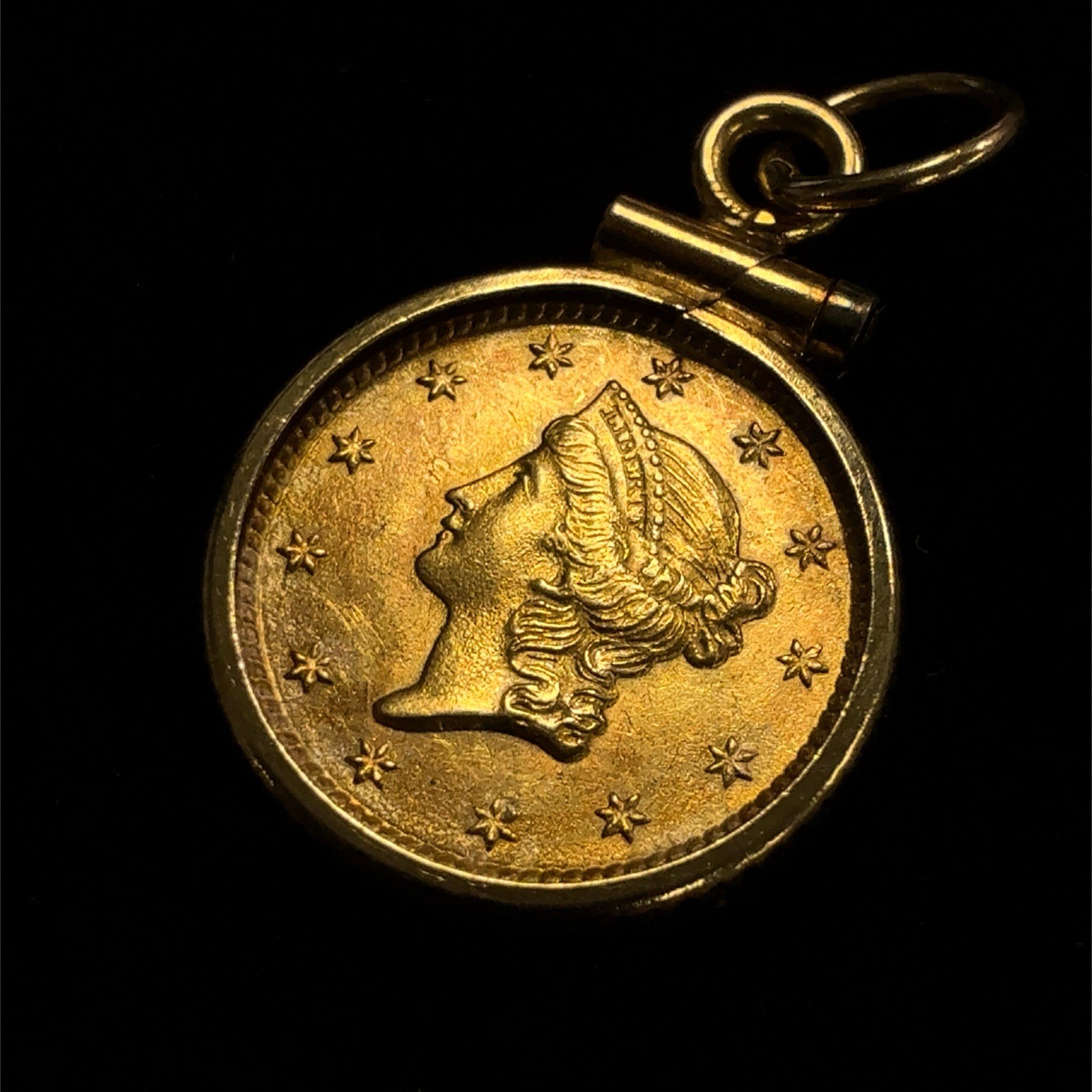 1853 US $1 Gold Liberty Head Coin in 14k Yellow Gold Coin Edge Bezel Pendant