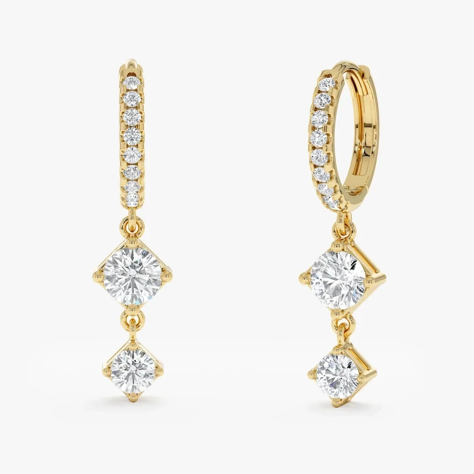 Unique Gift Round Lab Grown Diamond Dangle Drop Cluster Earrings 14k Yellow Gold