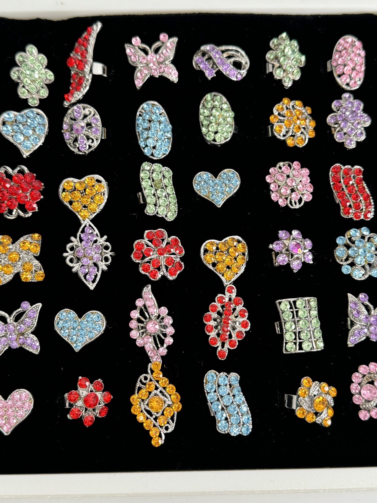 Lot of 72 New Colored Rhinestone Adjustable Fashion Rings With Display Tray