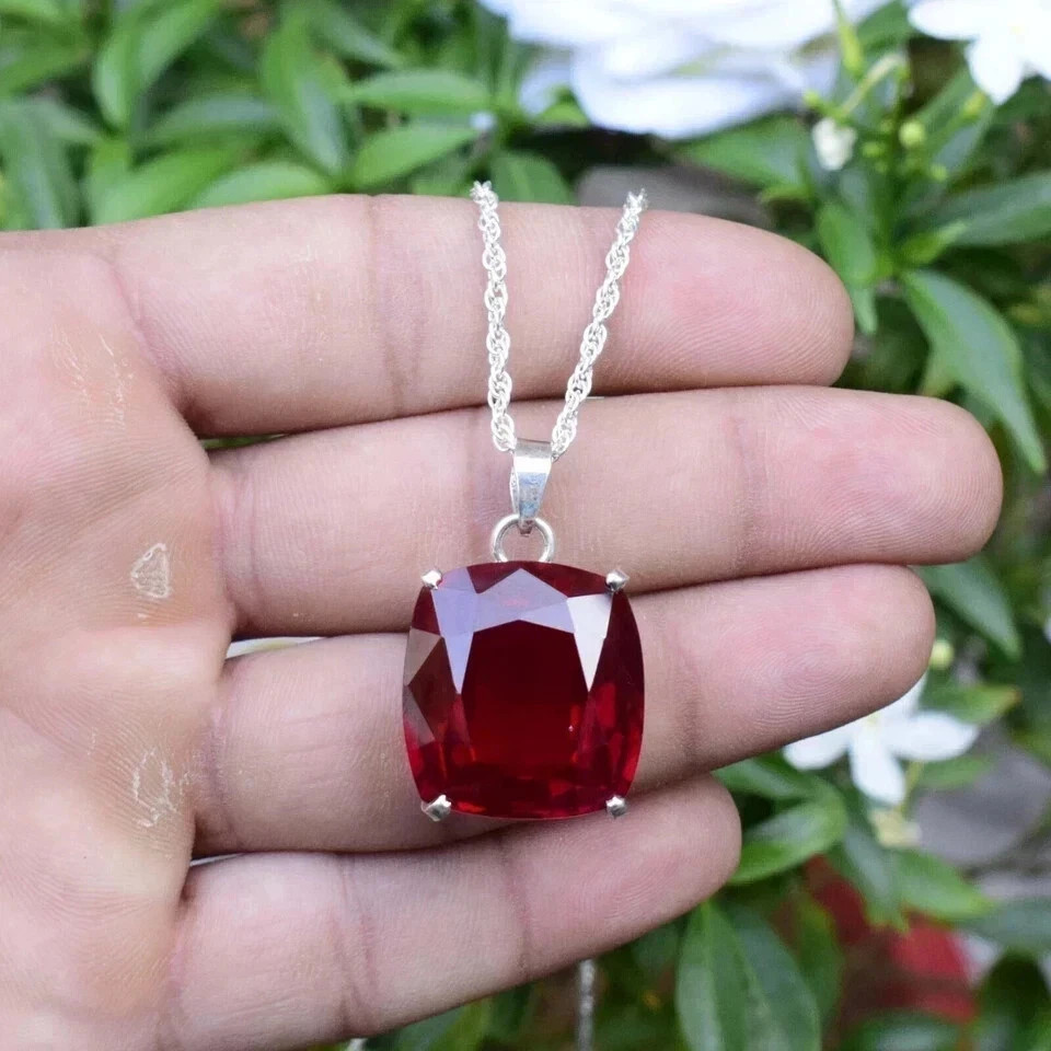 Natural 21 Ct Cushion Cut Red Ruby Silver Pendant AGL Certified Gemstone Jewelry