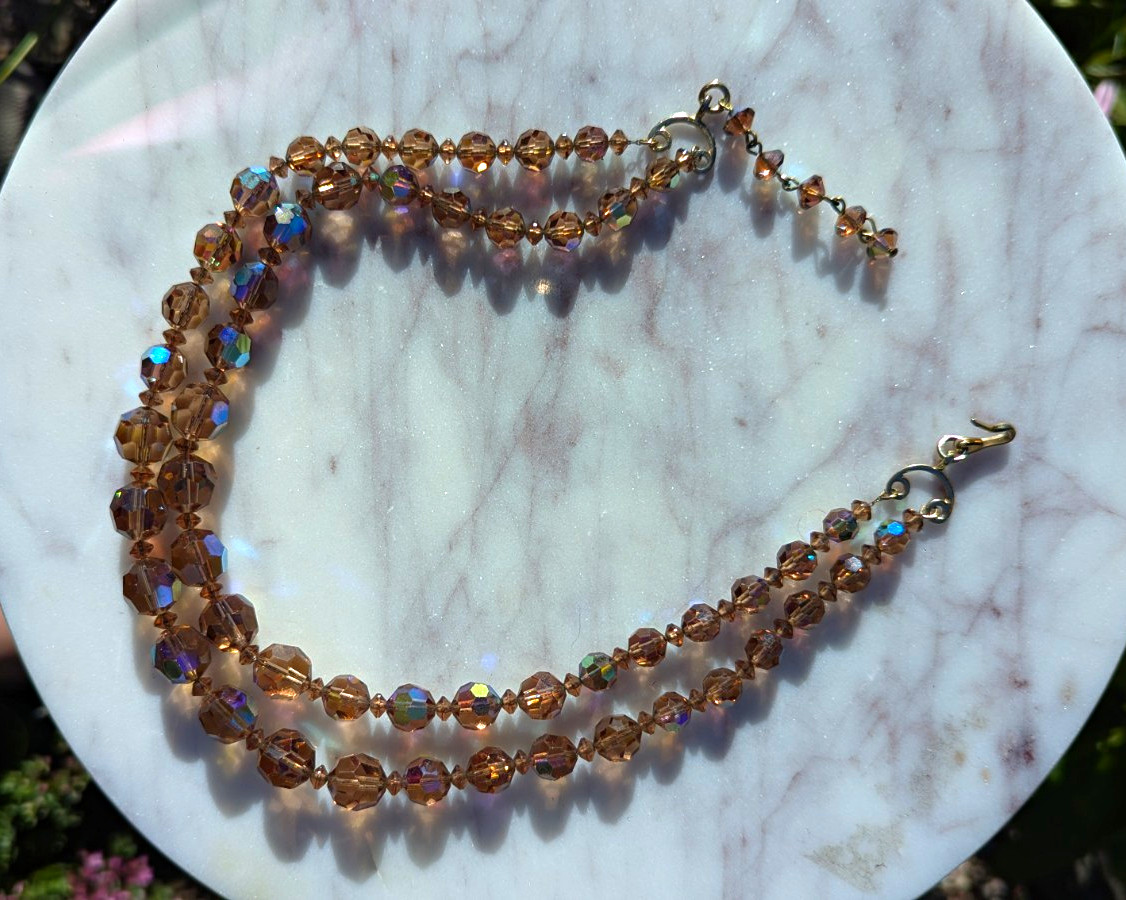 Pink Crystal Beaded Double Strand Necklace, Adjustable, Lobster Clasp