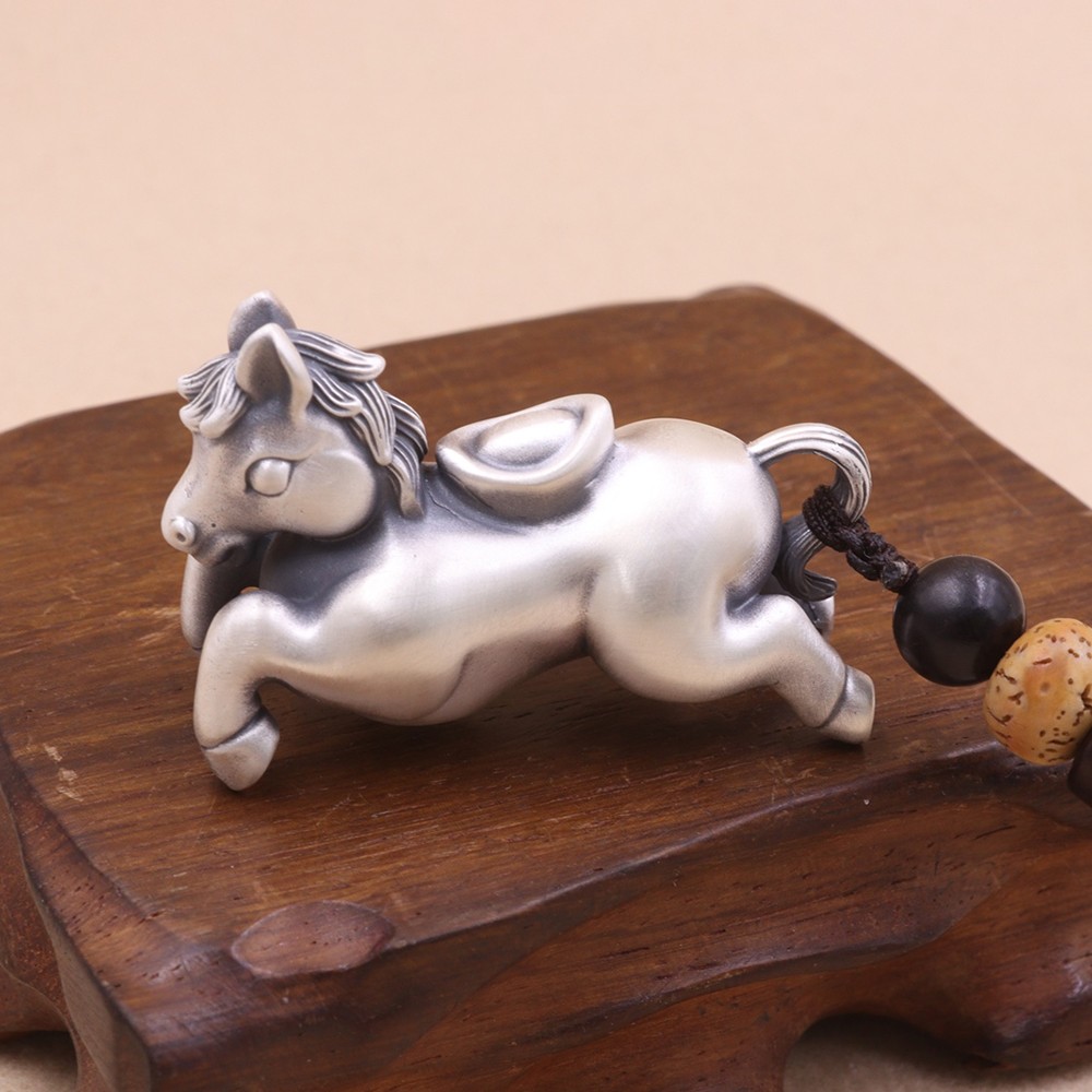 Pure S999 Fine Silver Carved Yuanbao Running Zodiac Horse Pendant 34-35g 1.7in