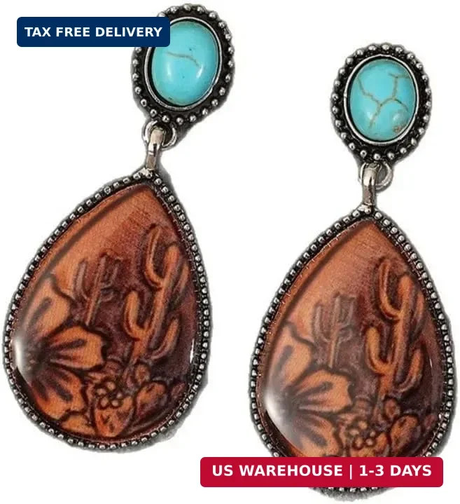 Western Turquoise Teardrop Earrings Rustic Floral Wood Grain Drop Earrings Bohem
