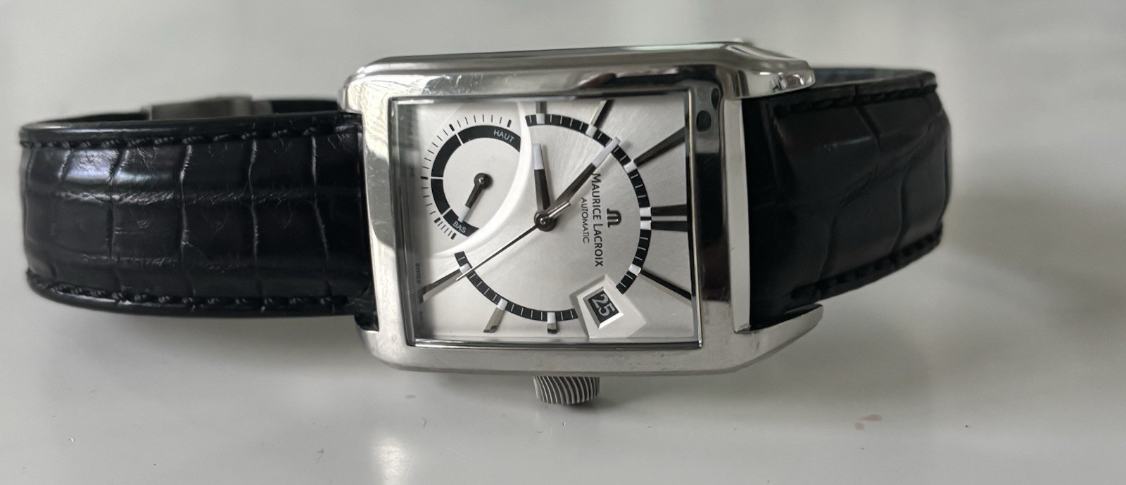 Maurice Lacroix Pontos Rectangular Auto Date Power Reserve Silver Dial Leather