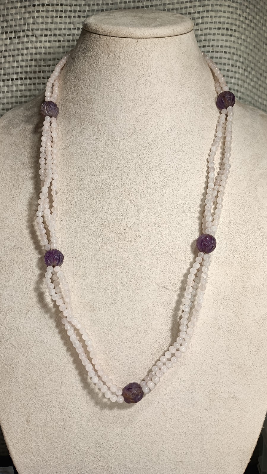 Vintage Chinese Rose Quartz Carved Amethyst Stone Beaded Necklace Silver Clasp