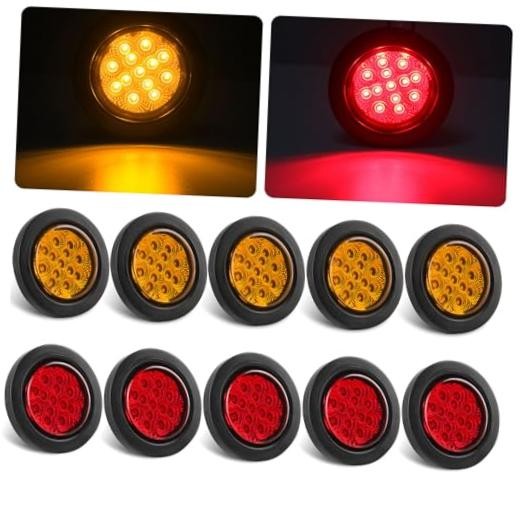 Konrali 2.5″ Round LED Marker Lights 13 LEDs w/Reflectors, 5 Amber + 5 Red 2