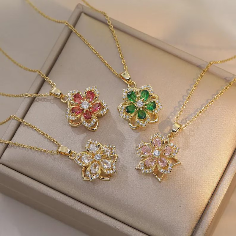 14K Yellow Gold Plated Women Rotating Flower Pendant 4 Ct Pear Simulated Diamond