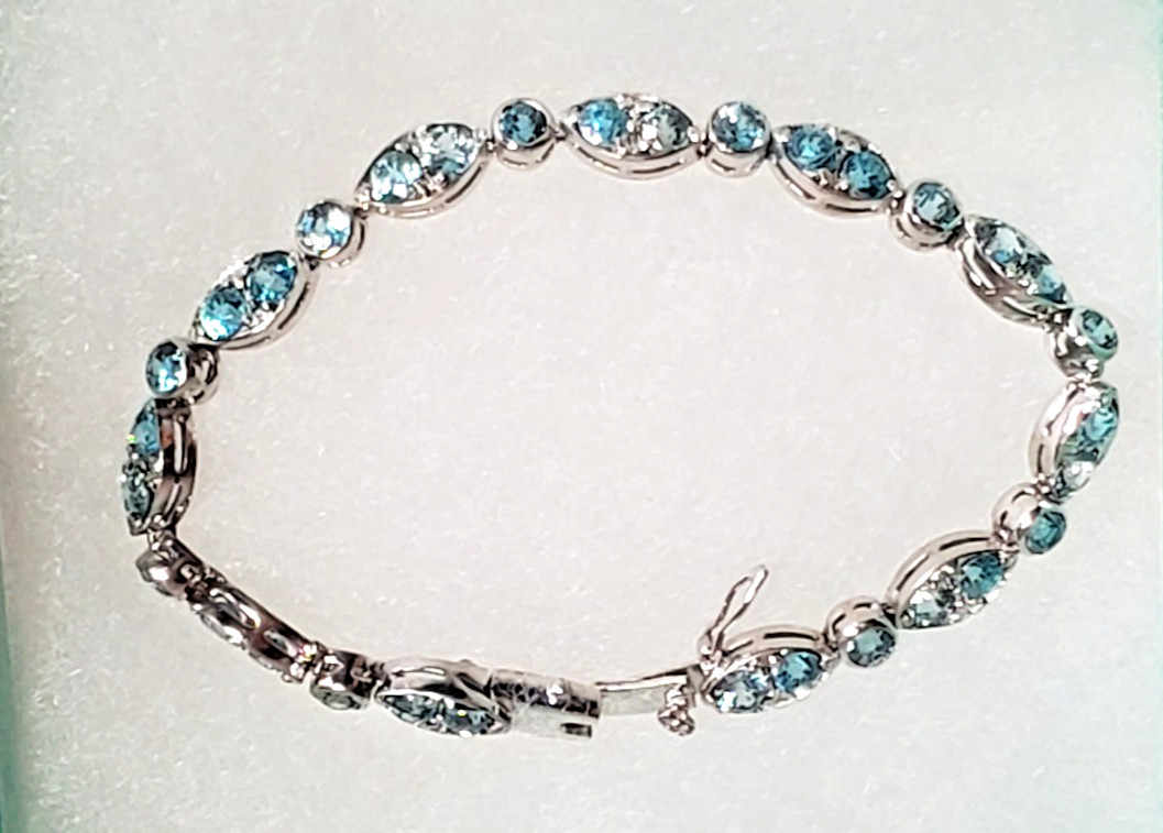 Sterling Silver Blue Topaz Bracelet Marquise Stations Round Stone 6.75 in