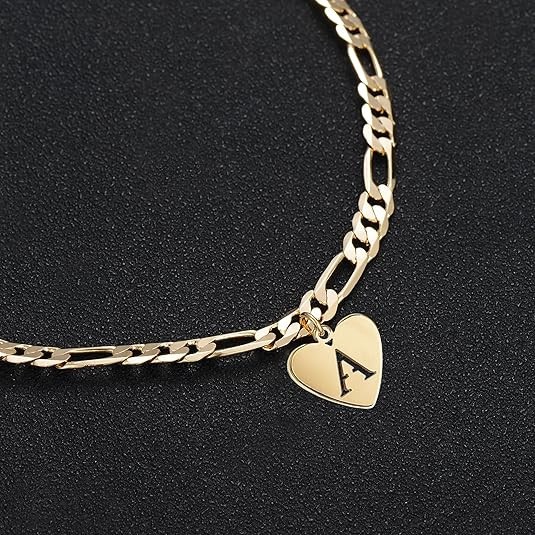 14k Gold Initial Ankle Bracelet for Women 10k Solid Gold Layered Figaro Anklets